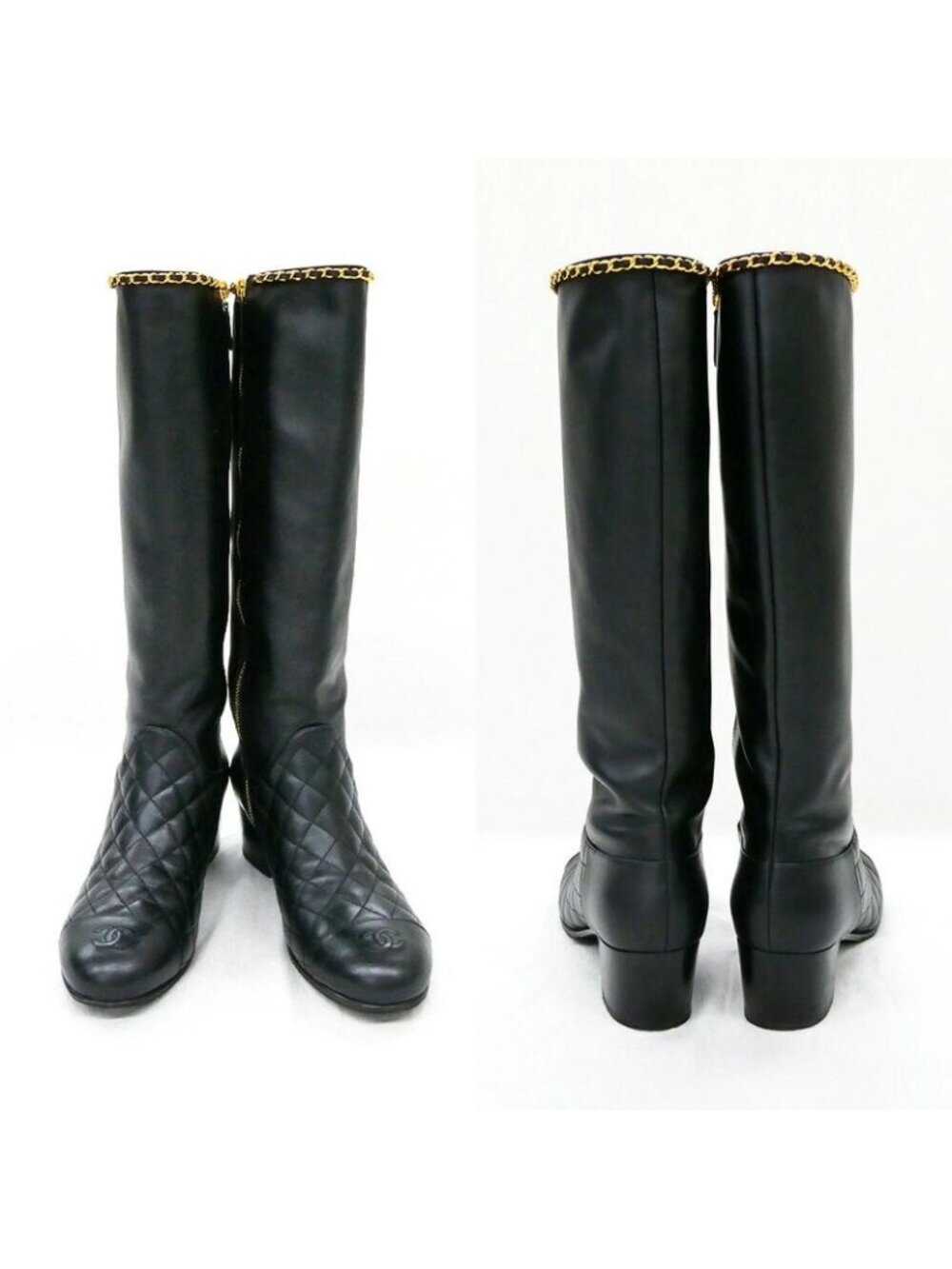 Chanel Chain Long Boots 38.5 Black Gold Quilted Shoes - Picture 4 of 10